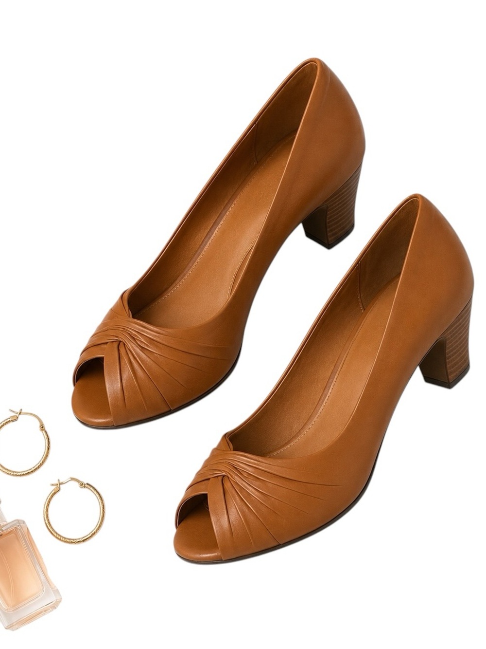 Earthies Raynia Tan Leather Peep Toe Heels Womens 7.5 Comfort Career Chic in GUC